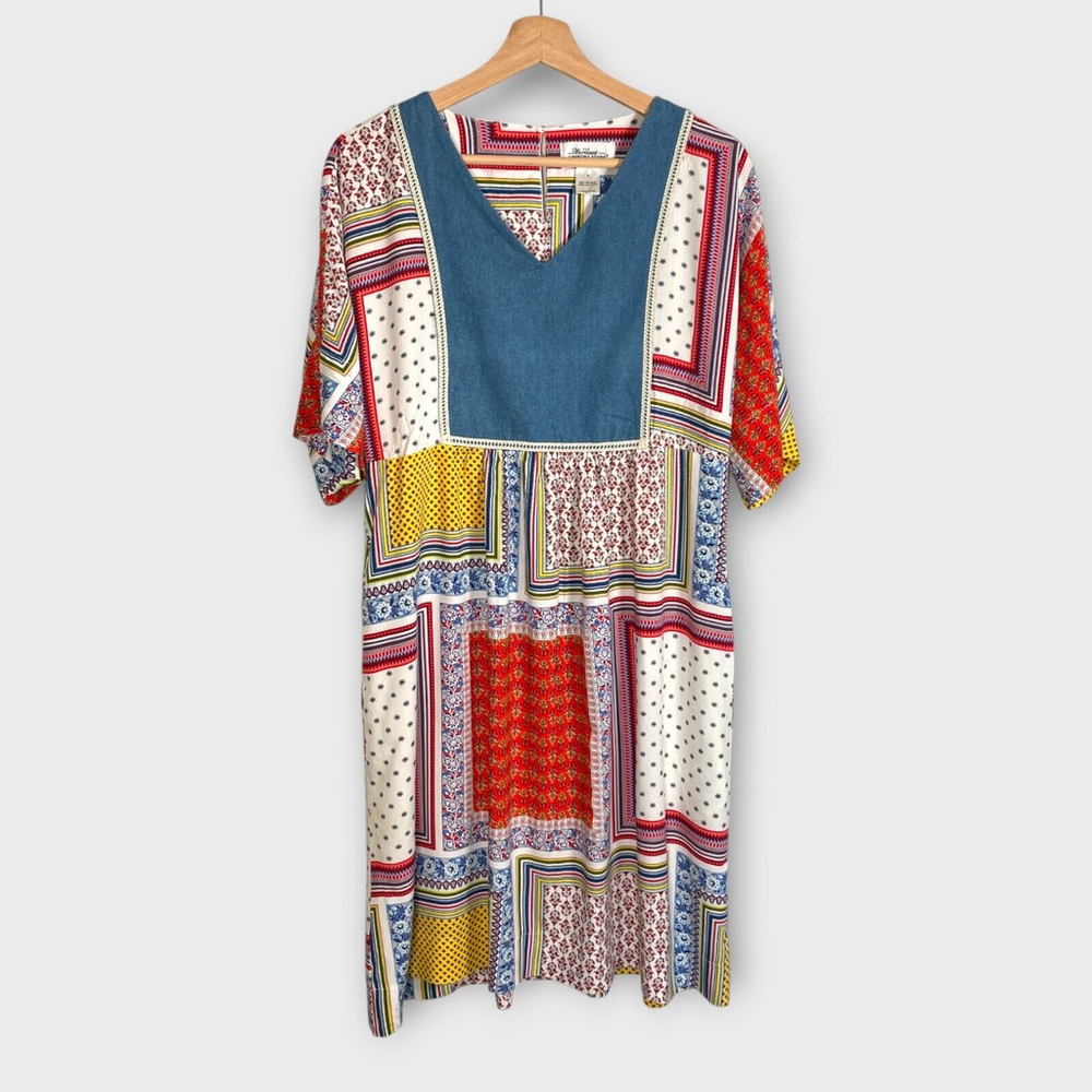 🦜 Vermont Country Store Dress Womans SMALL Patchwork Print Rayon Popover EUC